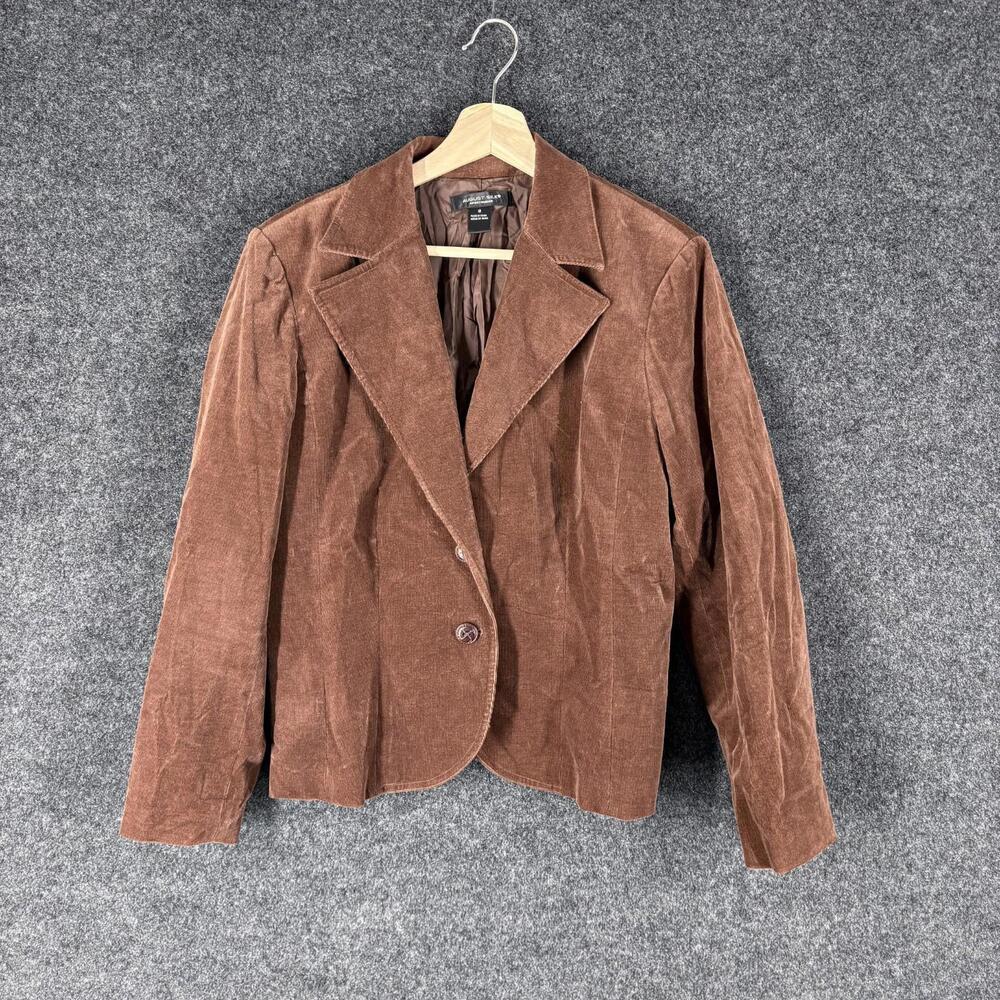 August Silk Blazer Women 12 Brown Button Up Collared Long Sleev Corduroy Casual